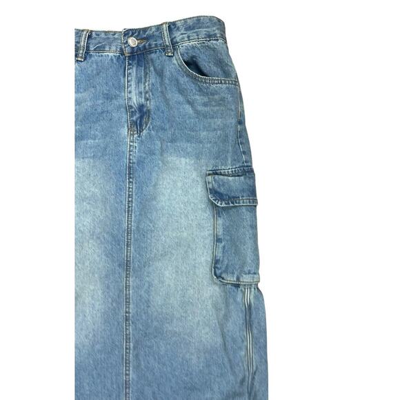 Angel Kiss Y2k Cargo Denim Jean Maxi Skirt Back Split Side Bungee Size 9/29 - Picture 2 of 6